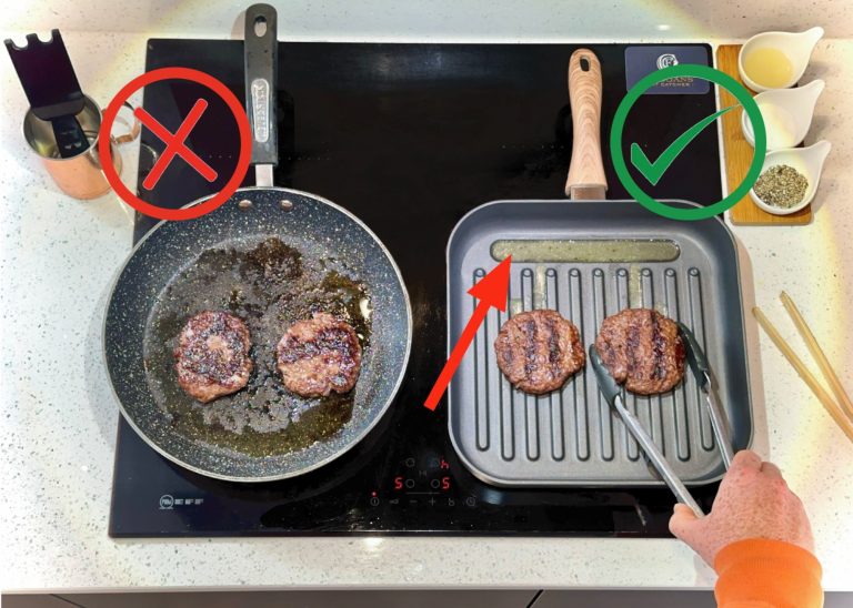 Two skillets: one with burnt patties, the other with properly grilled patties.
